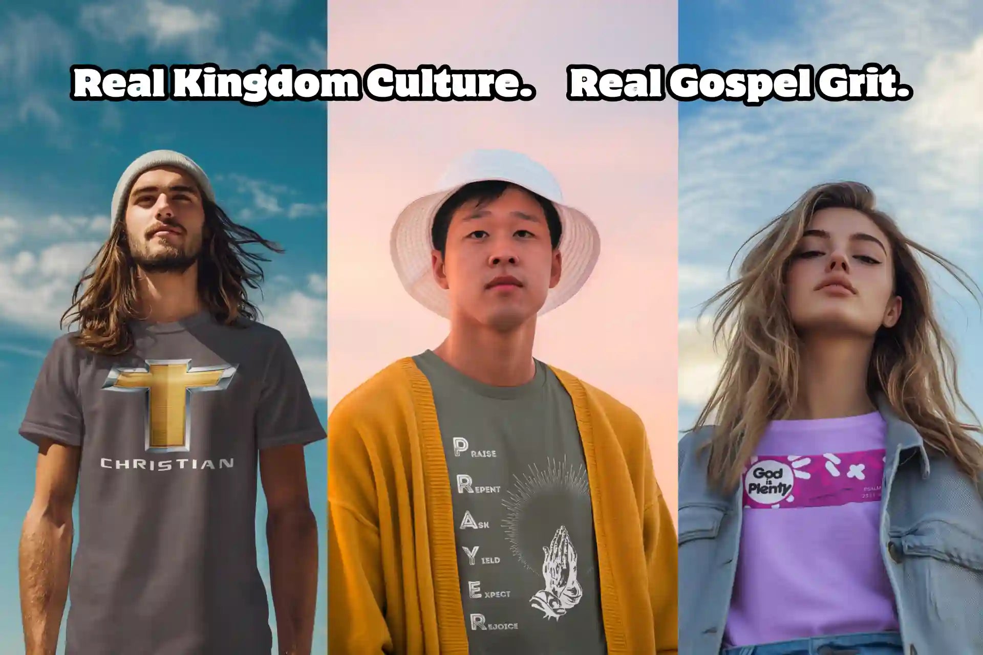 Three models wearing Apostles Apparel Christian t-shirts against sunrise and blue sky backgrounds with text overlay reading ‘Real Kingdom Culture. Real Gospel Grit.'