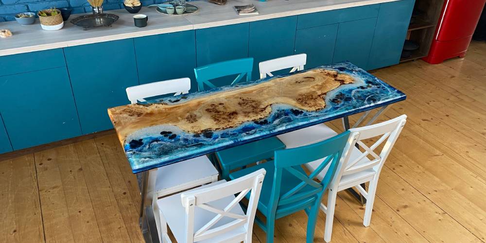 Epoxy wood dining table with fish