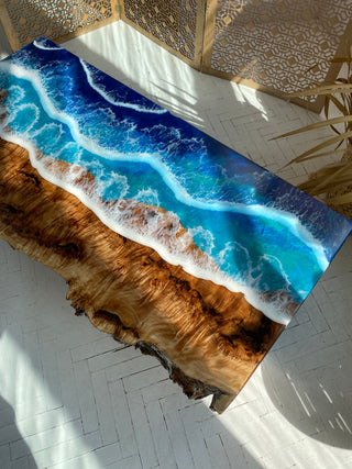 Camphor Wood Epoxy Resin Table with Ocean Waves Design – Epoxy