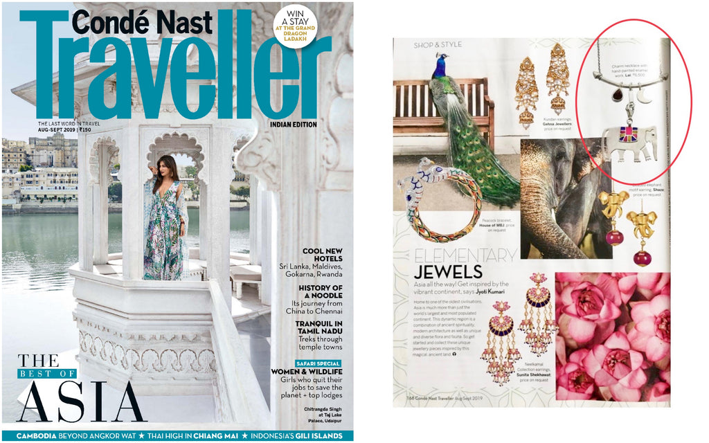 Lai's sterling silver elephant charm necklace from Folklore collection, featured in Conde Nast Traveller India's August 2019 issue