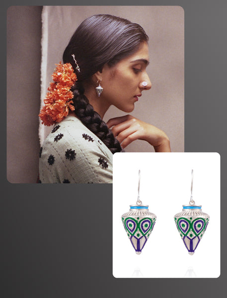 Elle India beauty editorial featuring Lai's enamel Himachali traditional tribal drop cone shape earrings
