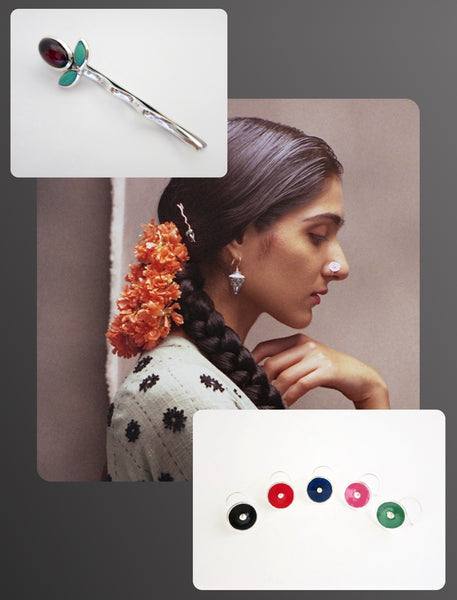 Elle India beauty editorial featuring Lai's enamel dramatic nose pin and sterling silver gem stone hair clip 