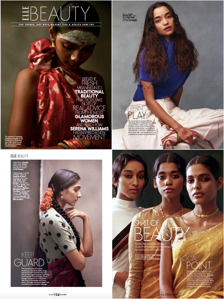 Elle India beauty editorial featuring Lai's sterling silver 925 nose pins, deity eye ring, ear studs, arm band, anklet, hair clip, hair ornaments
