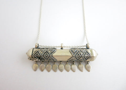 Statement, tribal-chic, hexagon tubular sterling silver long amuletic necklace (PB-1984-N)
