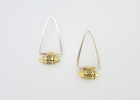 Minimalist, tribal-chic, bi-metal earrings with sterling silver body and gold plated brass amuletic units (PB-MM1040-ER)