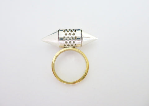 Exquisite, sterling silver tubular amuletic ring with conical ends and a gold plated brass shank (PB-MM1074-R)