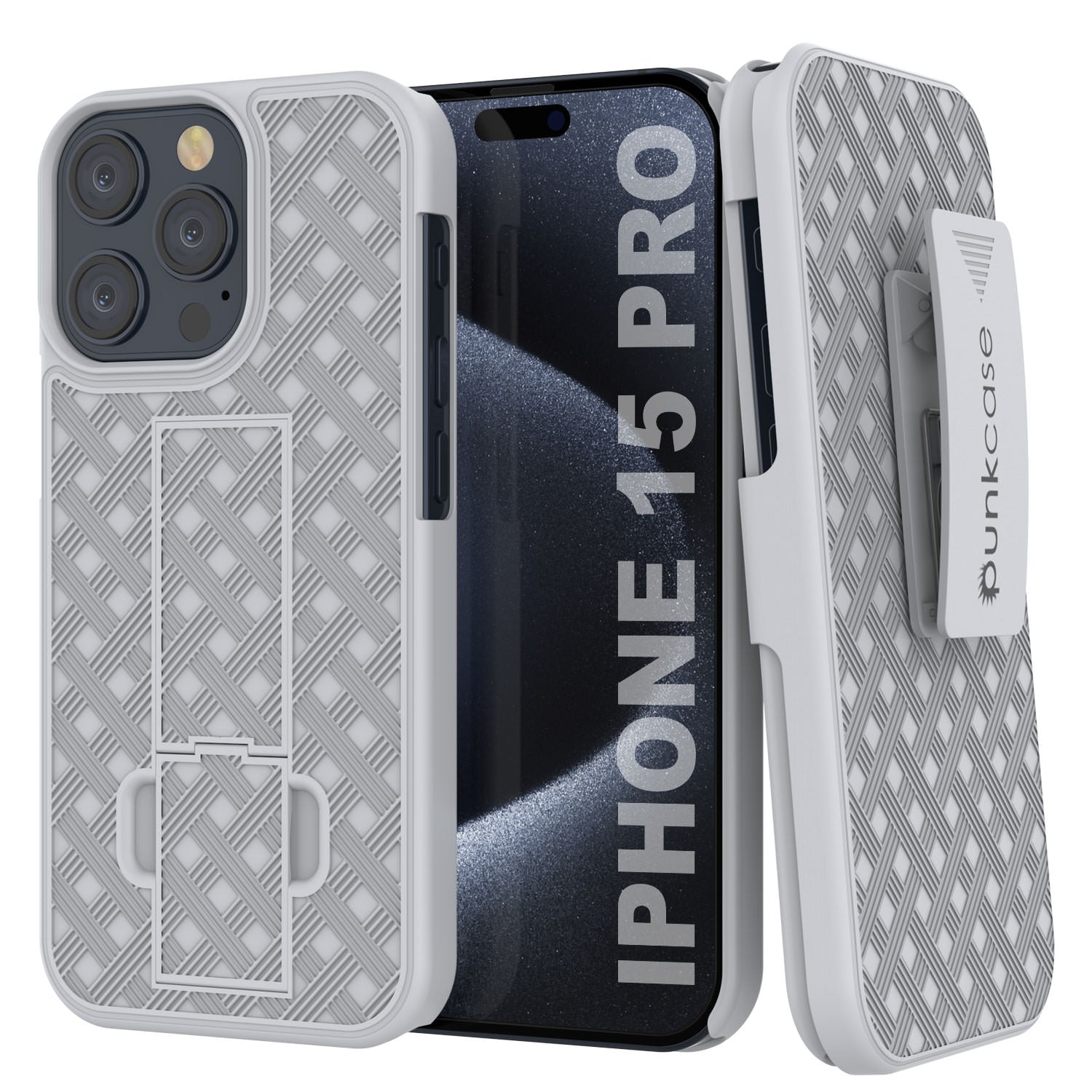 iPhone 15 Pro Case With Tempered Glass Screen Protector, Holster Belt Clip & Built-In Kickstand [White]