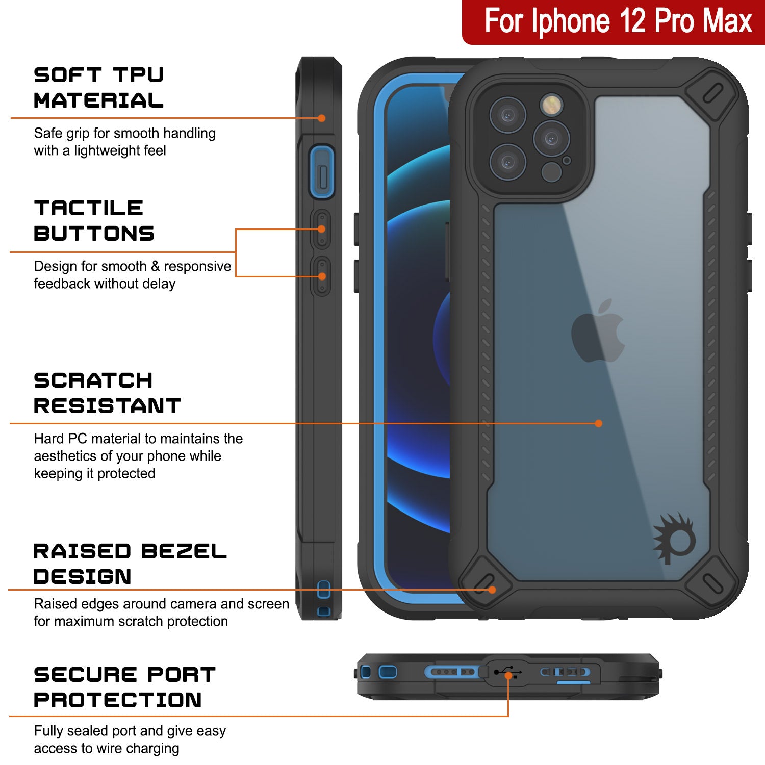 iPhone 12 Pro Max Waterproof IP68 Case, Punkcase [Blue] [Maximus Serie ...