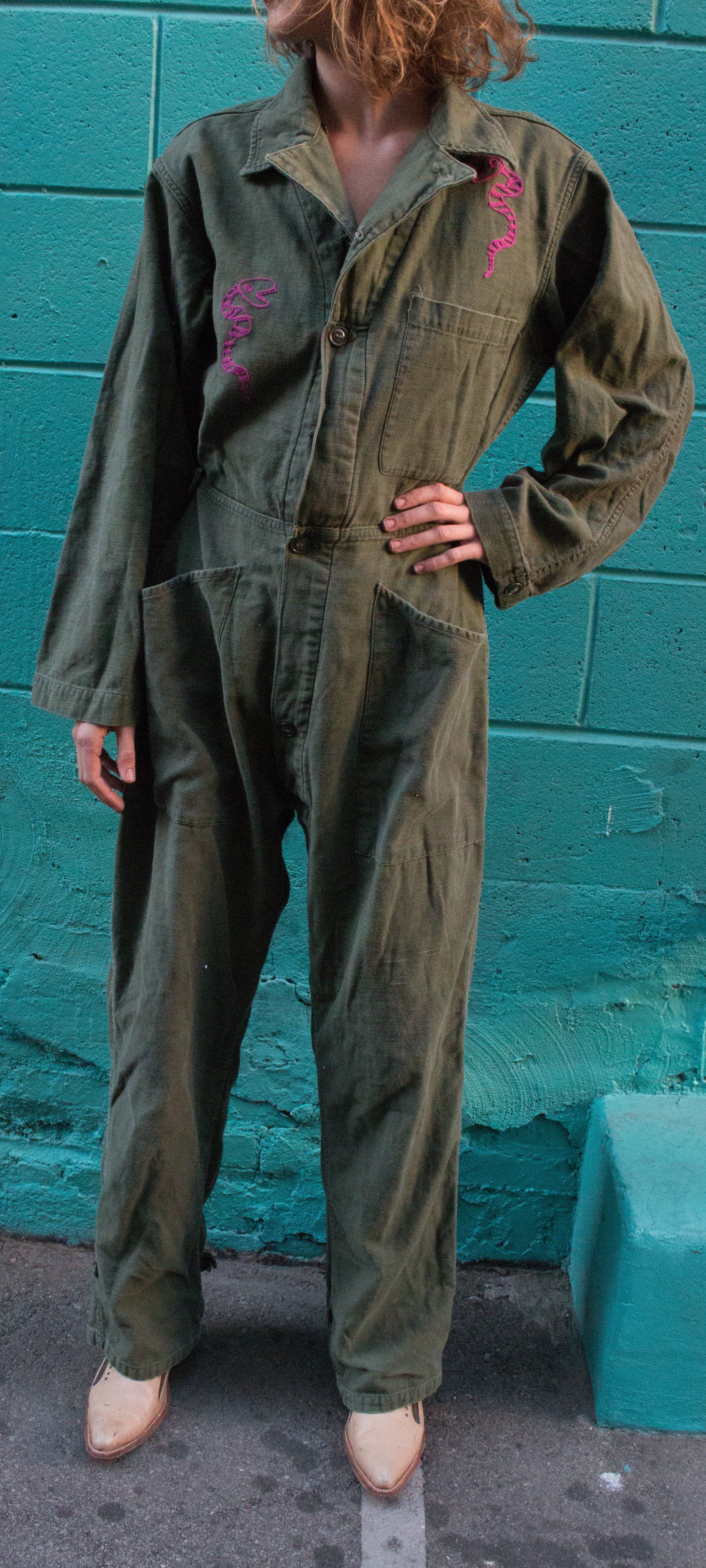 olive green coveralls