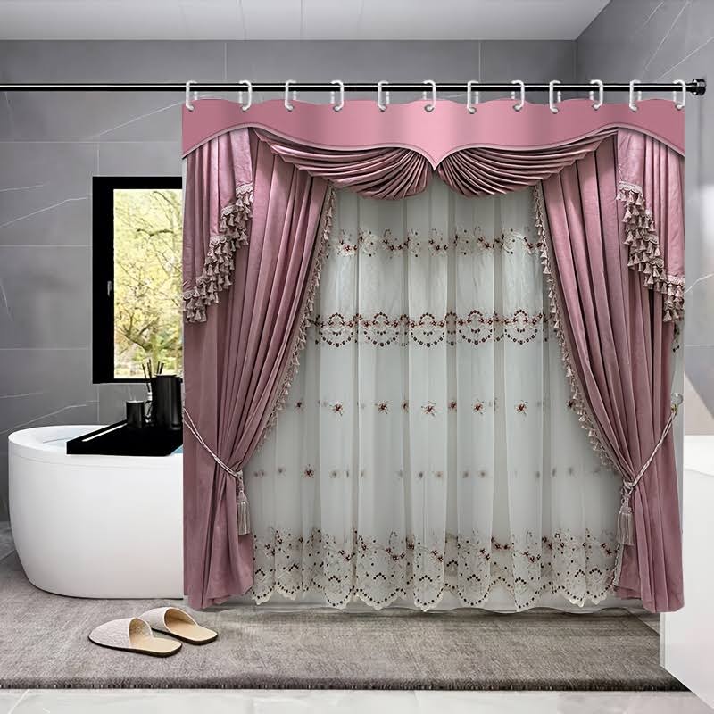 1/4pcs Drapery Printed Shower Curtain Set, Waterproof Curtain With Plastic Hooks, Non-slip Bathroom Rug, U-shaped Mat, Toilet Cover Mat, Decorative