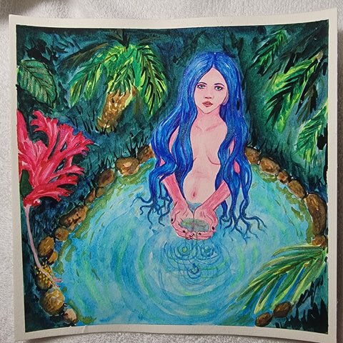 A blue-haired femme stands in a blue pool of water surrounded by verdant plants