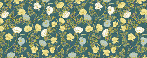 A repeating pattern of yelloe, blue, and white poppies against a dark teal background