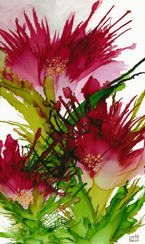 A spray of pink flowers painted with alcohol inks in an abstract style