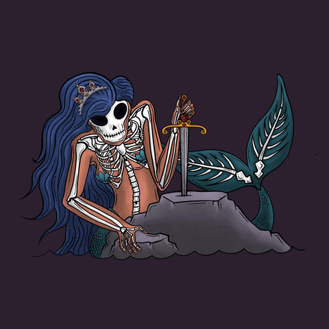 A skeletal mermaid lingers on a rock with a dagger