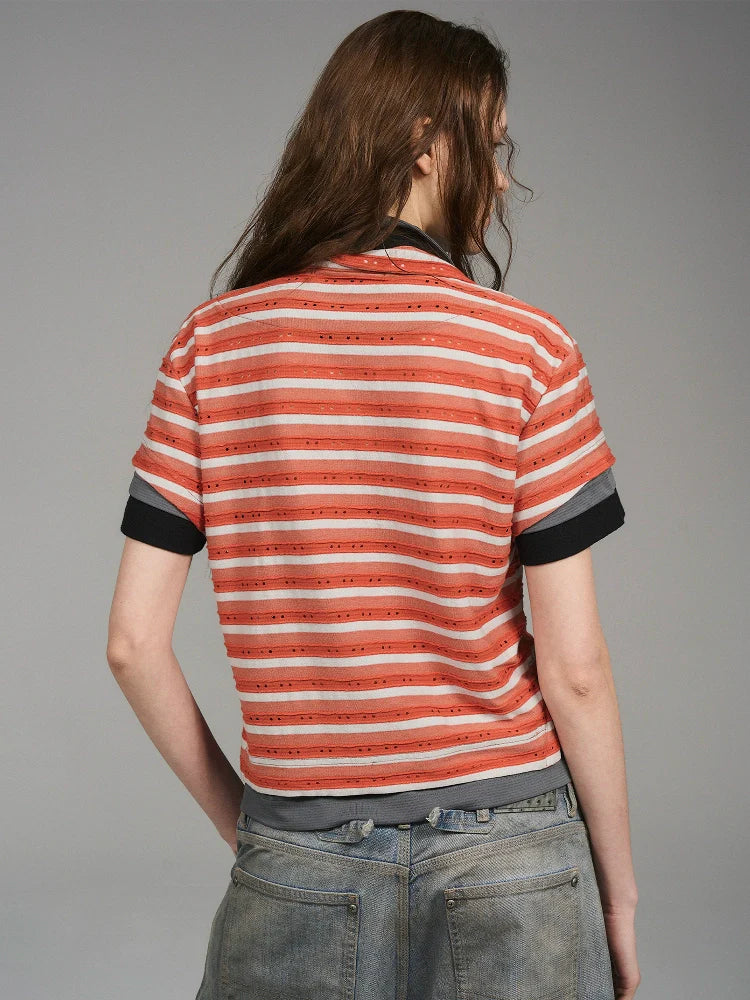 Layered Striped Cropped Polo - Image 1