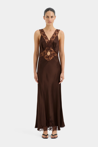 Brown Delicate Lace Skinny Strap Maxi Dress