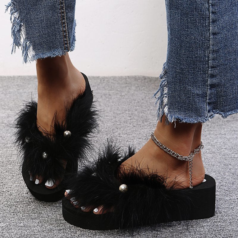 2021 summer new style sponge cake bottom real hair feather slippers Ko