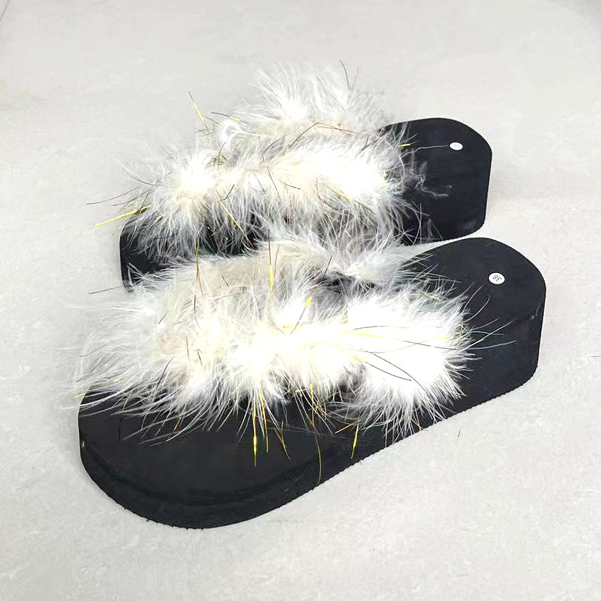 2021 summer new style sponge cake bottom real hair feather slippers Ko