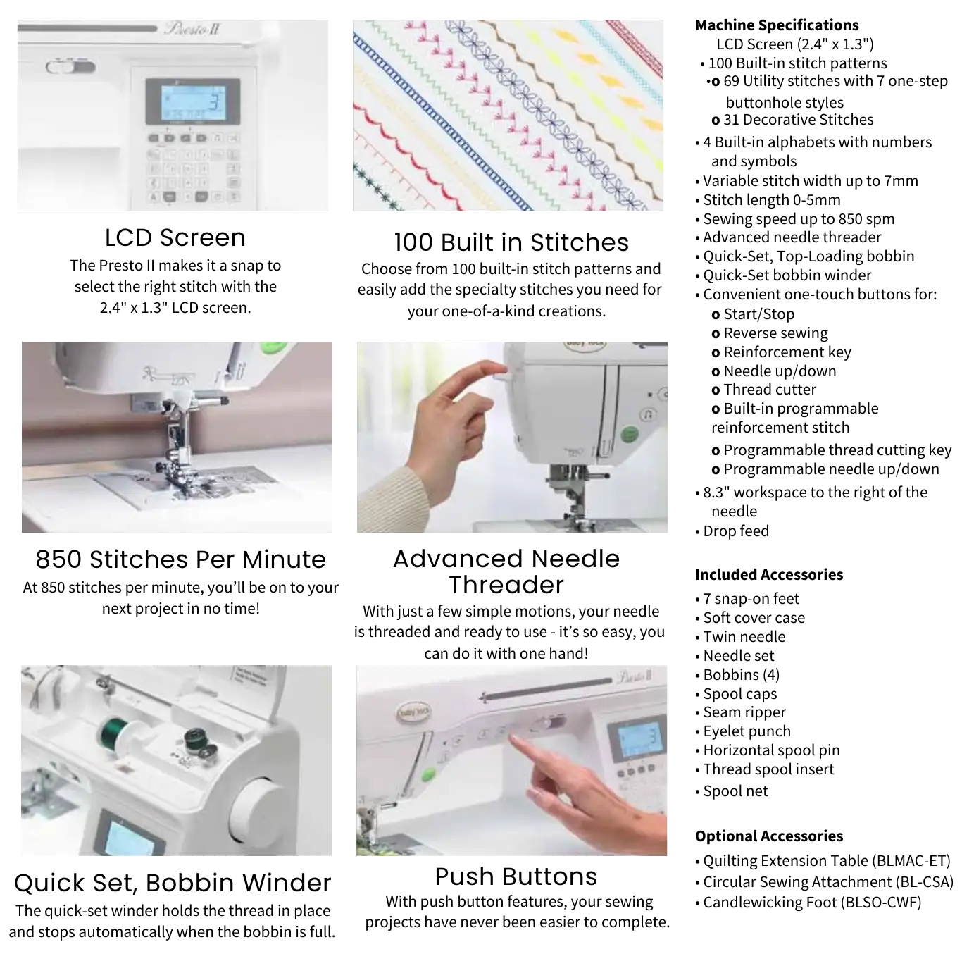 Image highlighting features of the Baby Lock Presto 2 Sewing and Quilting Machine, which includes an LCD screen, 100 built-in stitches, 850 stitches/minute speed, advanced needle threader, quick-set bobbin winder, push buttons, specs, accessories & 60 days free online classes.