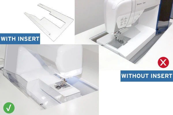 Comparison shows a sewing machine in a table with an insert (left, green check) and without (right, red X). The Kangaroo & Joey Cabinet Set’s insert creates a flush surface for smoother stitching. Available in 3 colors.