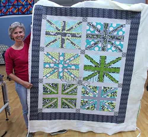 Vickie's Union Jack Quilt after longarm quilting at Quilted Joy