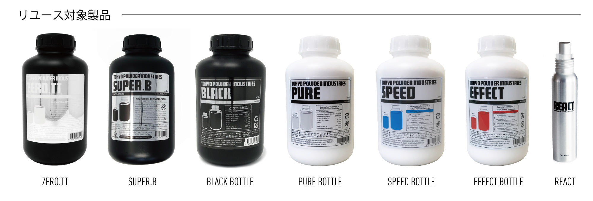 SUPER BLACK、BLACK、SPEED、EFFECT、PURE、REACT、BOOSTの各ボトル製品