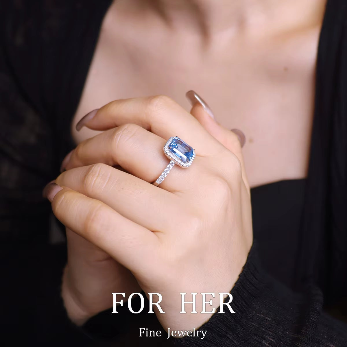 Forher S925 Synthetic Blue Treasure Aquamarine Gemstone Ring for Women Vintage Sparkling Birthstone Square Big Stone Jewelry