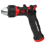 Side view of a black and red craftsman ultimate adjustable water nozzle with thumb control. 