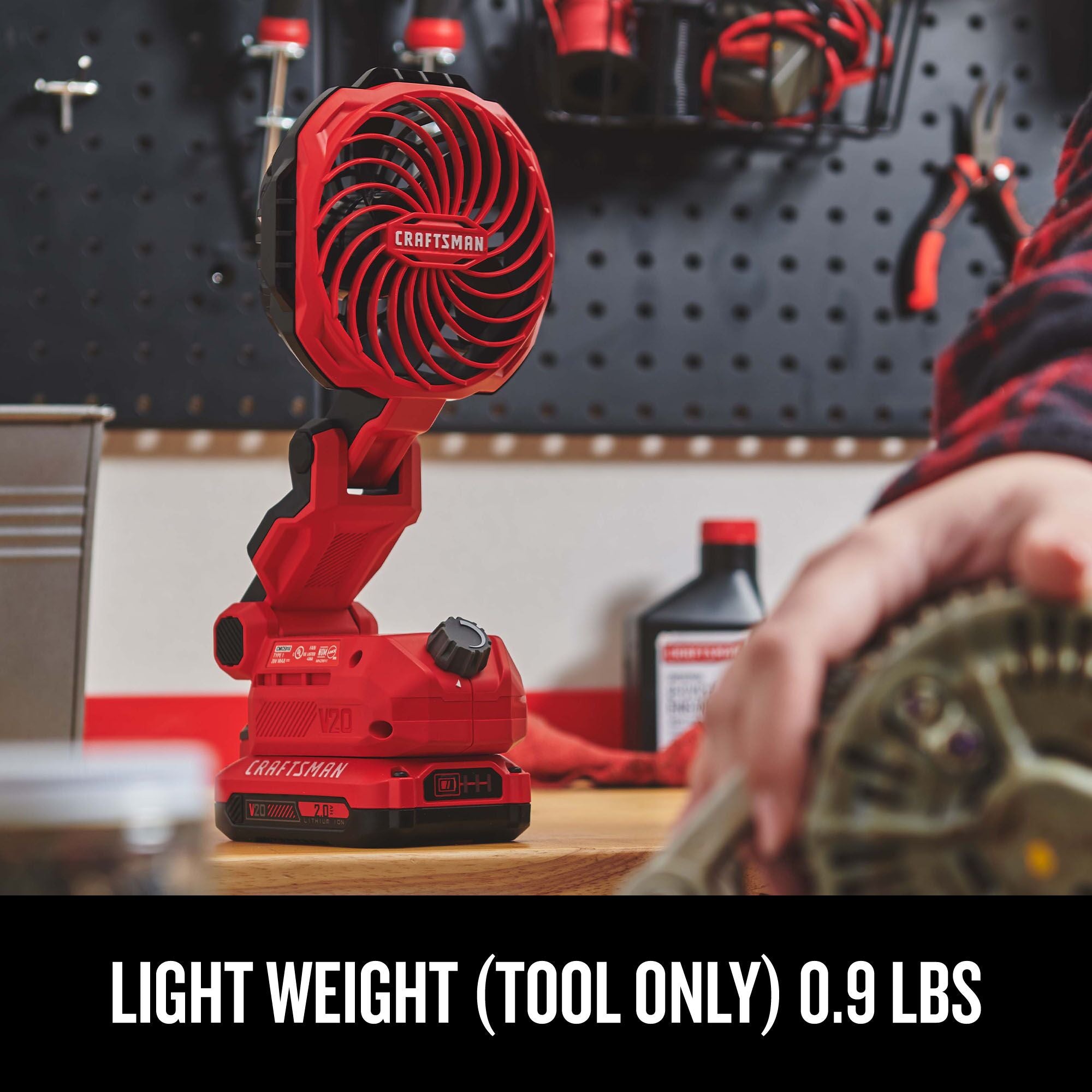 CRAFTSMAN(R) V20 Compact Personal Fan sitting on a work bench, highlighting light weight at 0.9lbs (tool only)