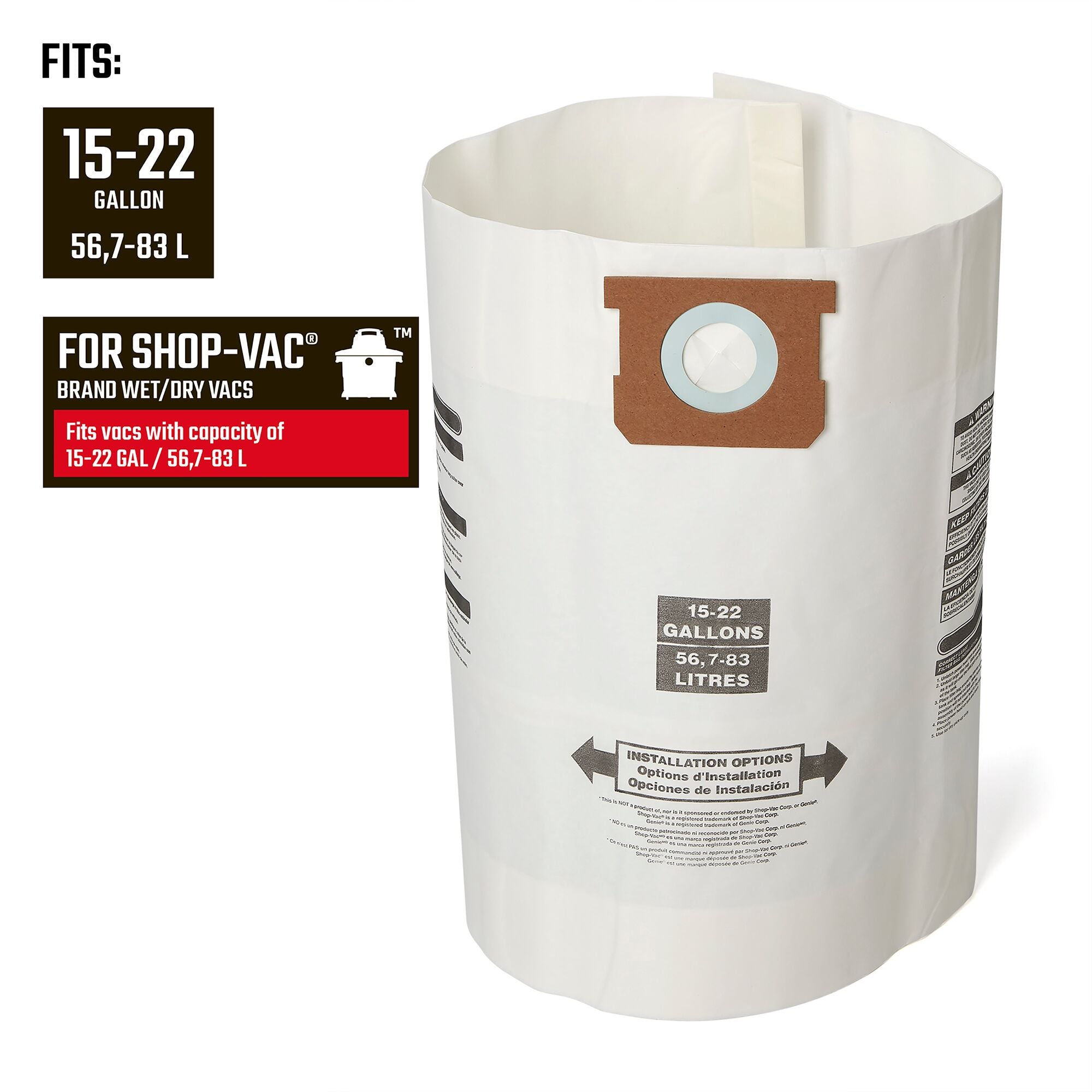 Front of Dust Collection Bag illustrating compatibility with 15-22 gallon Shop-Vac brand vacuums