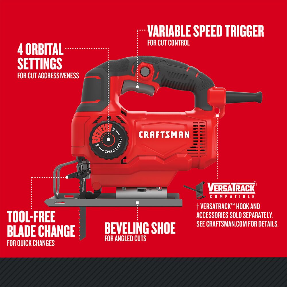 Graphic of CRAFTSMAN Jig Saw highlighting product features