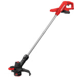 Left profile of 20 volt cordless 10 inch weedwacker string trimmer and edger.