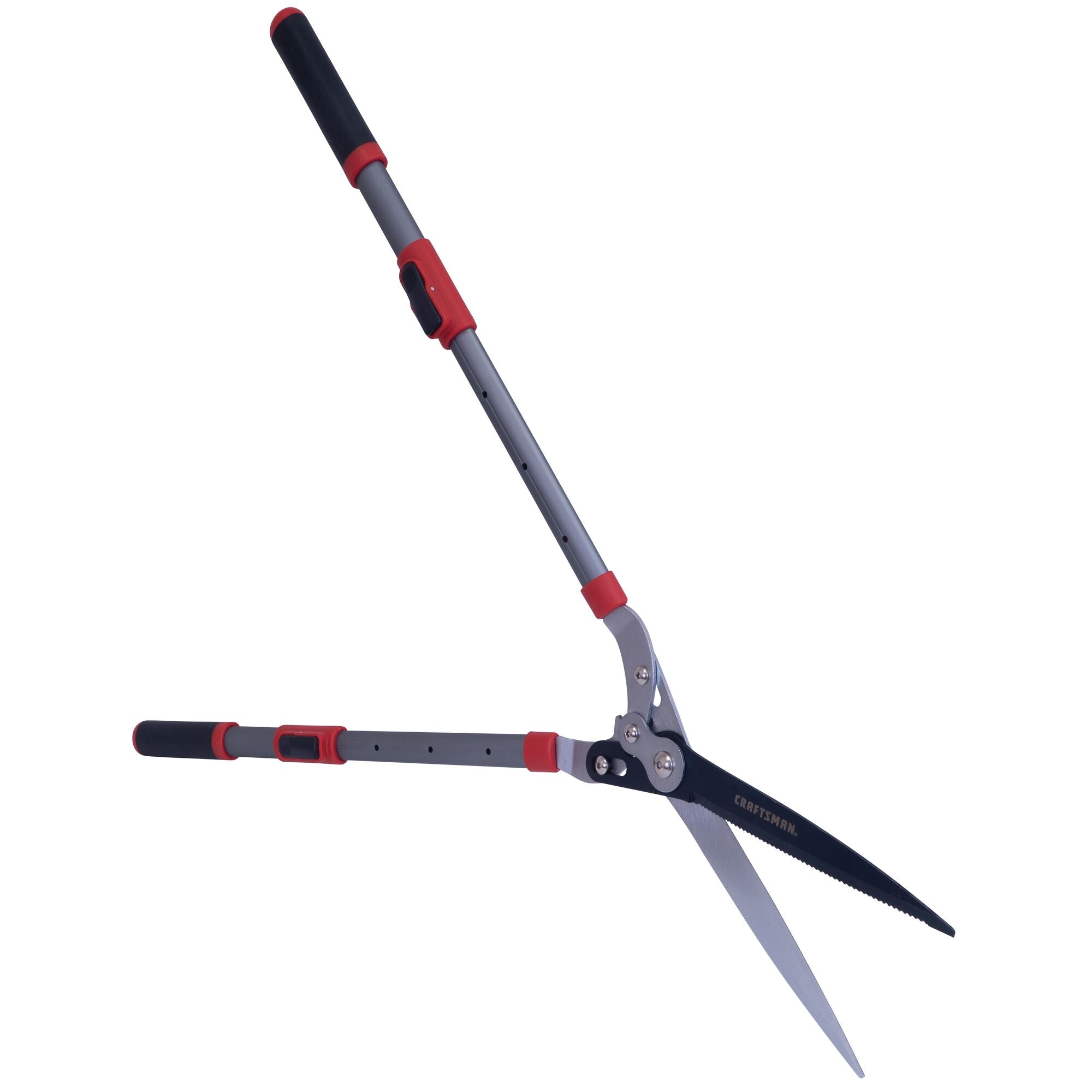 Right profile of hedge shears with compound action blade and telescoping handles.