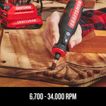 Person using CRAFTSMAN(R) V20 Rotary Tool on wood, highlighting 6,700 to 34,000 RPM