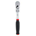 Profile of V series half inch drive comfort grip flex head ratchet.