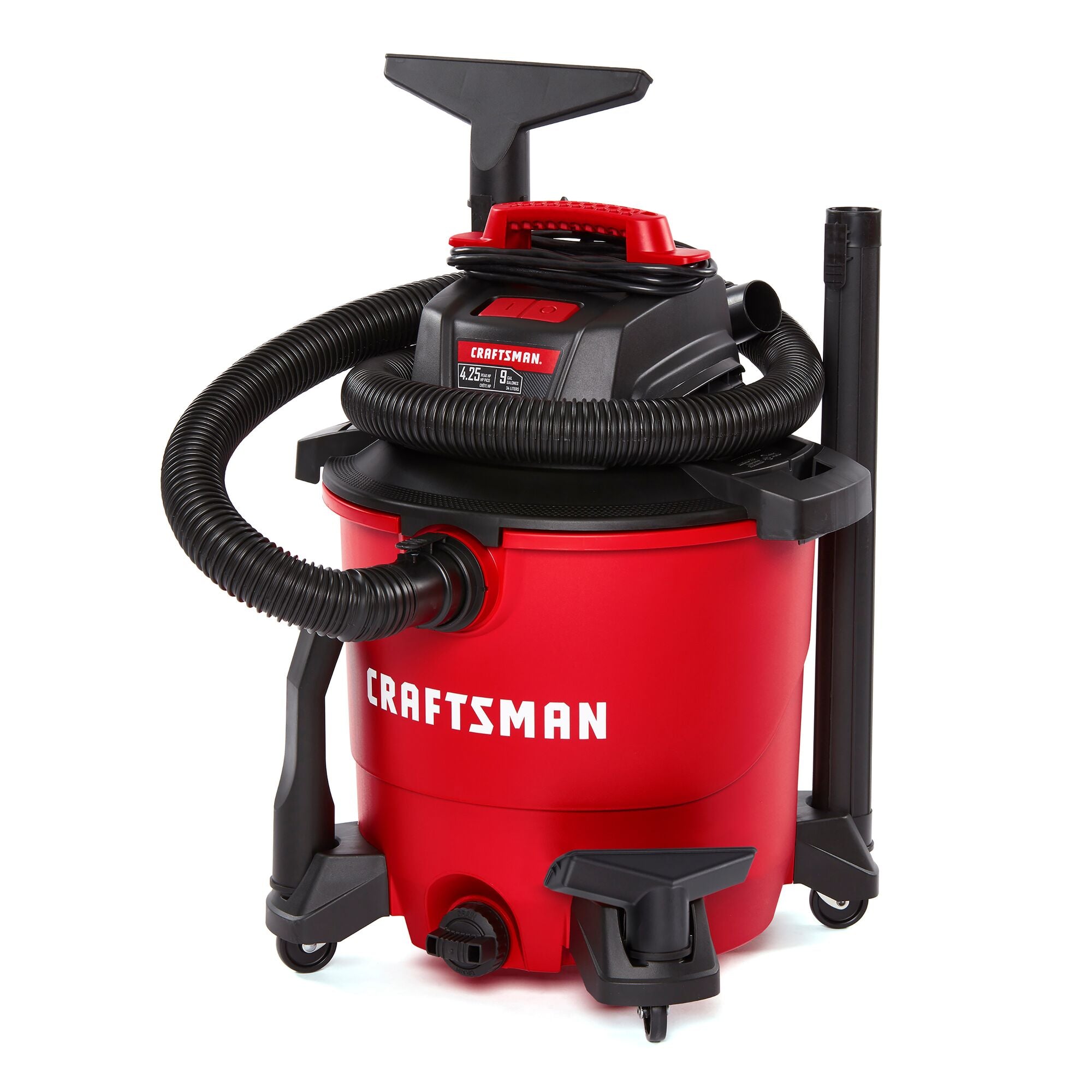 Left facing CRAFTSMAN Wet/Dry Vacuum with CRAFTSMAN 1-7/8 inch Wet Nozzle stored on board vacuum