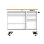 All-white CRAFTSMAN S2000 Series 41-inch wide 6-drawer workstation with wood top, in a residential garage setting surrounded by CRAFTSMAN tools