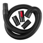 Top view of coiled-up 2-1/2 inch diameter by 7-foot length locking hose accessory with 3 adapters