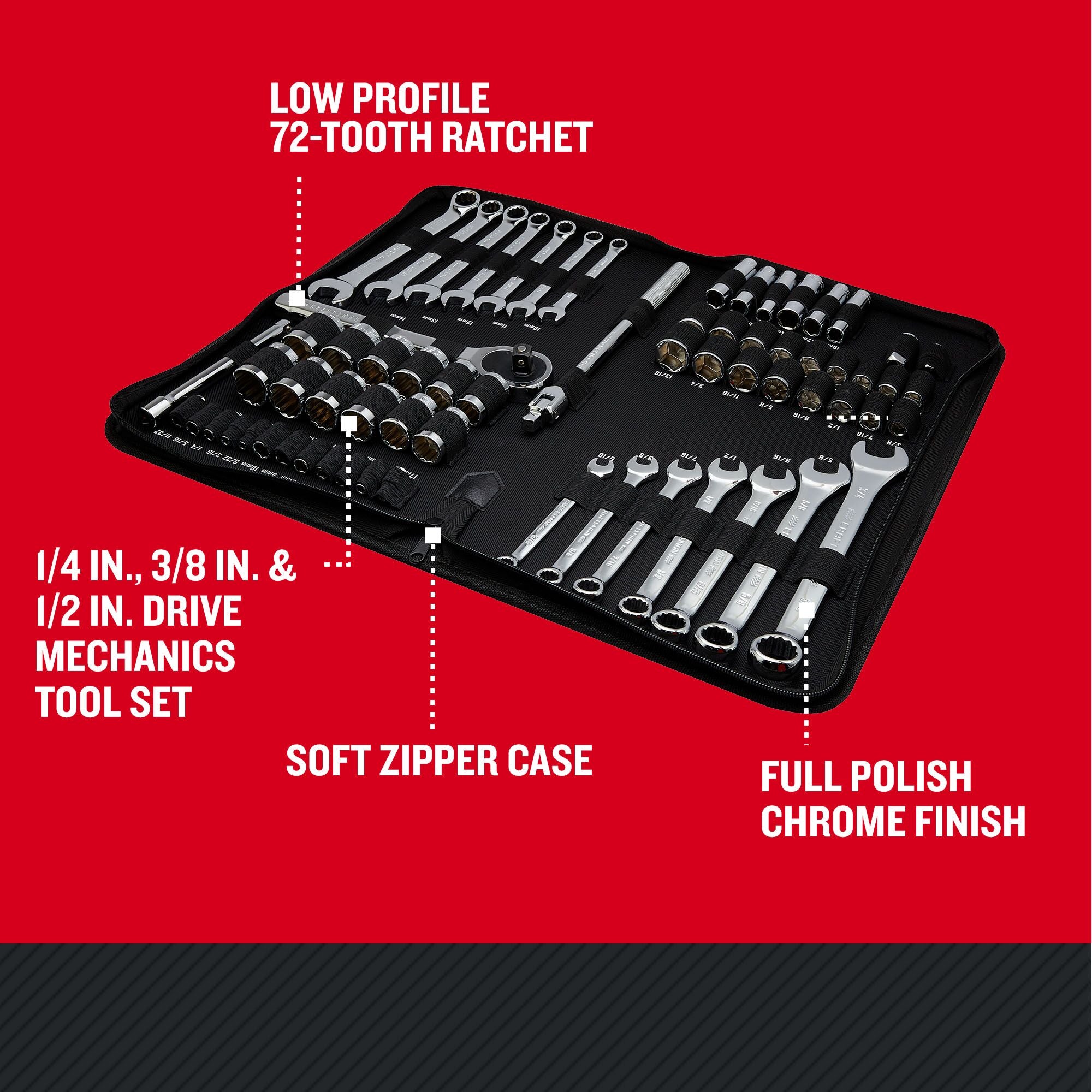 CRAFTSMAN Low Profile 66 piece 3/8 inch drive MOBILE MECHANICS TOOL SET with features and benefits highlighted