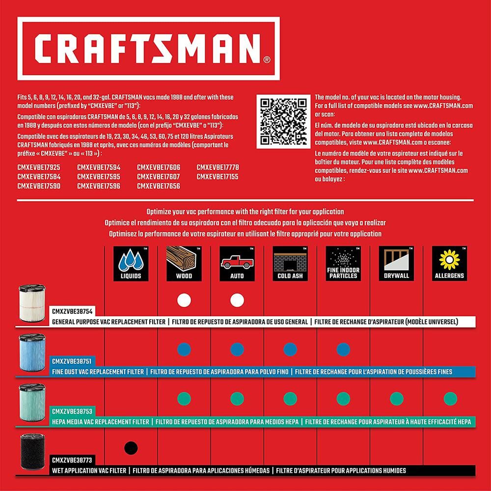 Graphic of CRAFTSMAN Accessories: Vacuums highlighting product features