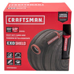 Black and red craftsman heavy duty fabric hose, 100-foot by 5/8 inch, front-facing in packaging. 