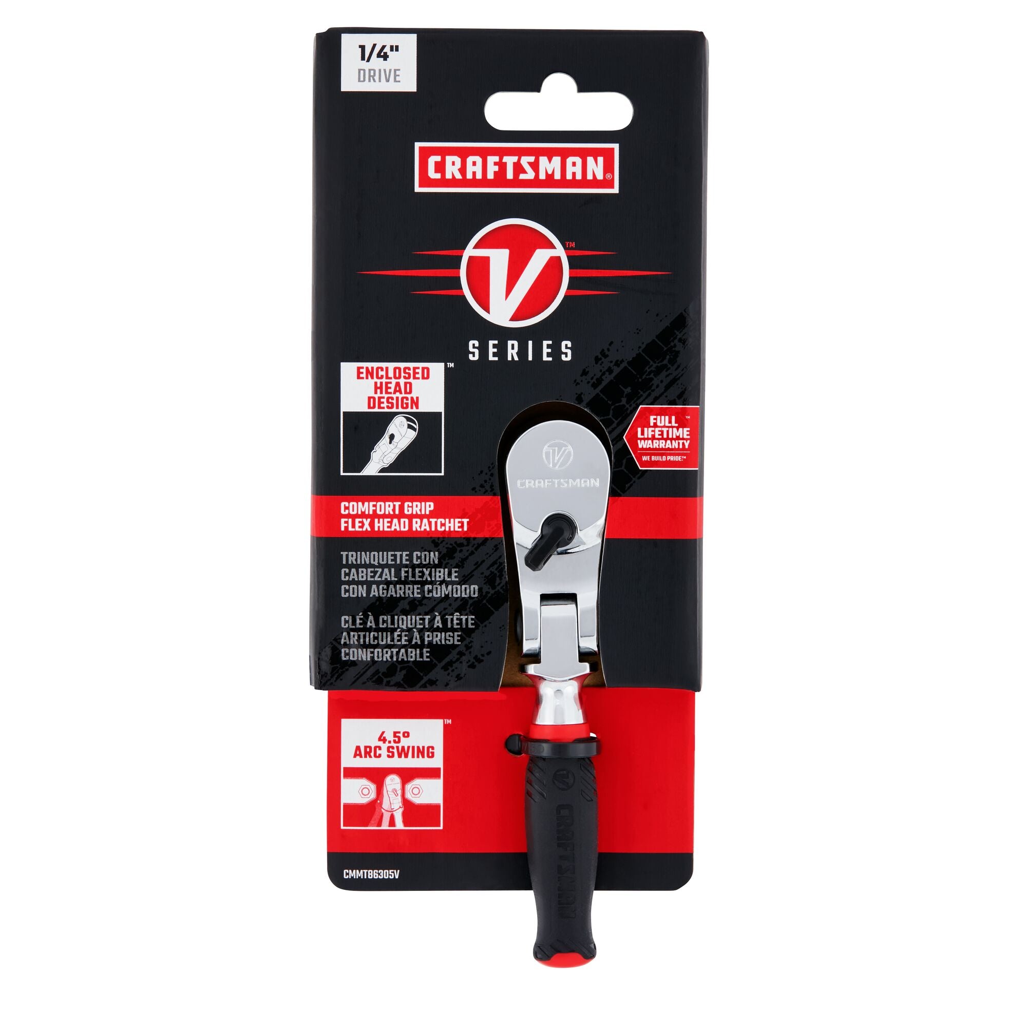 V series quarter inch drive comfort grip flex head ratchet in packaging.