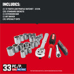CRAFTSMAN Low Profile 33 piece 3/8 inch drive MECHANICS TOOL SET with contents list