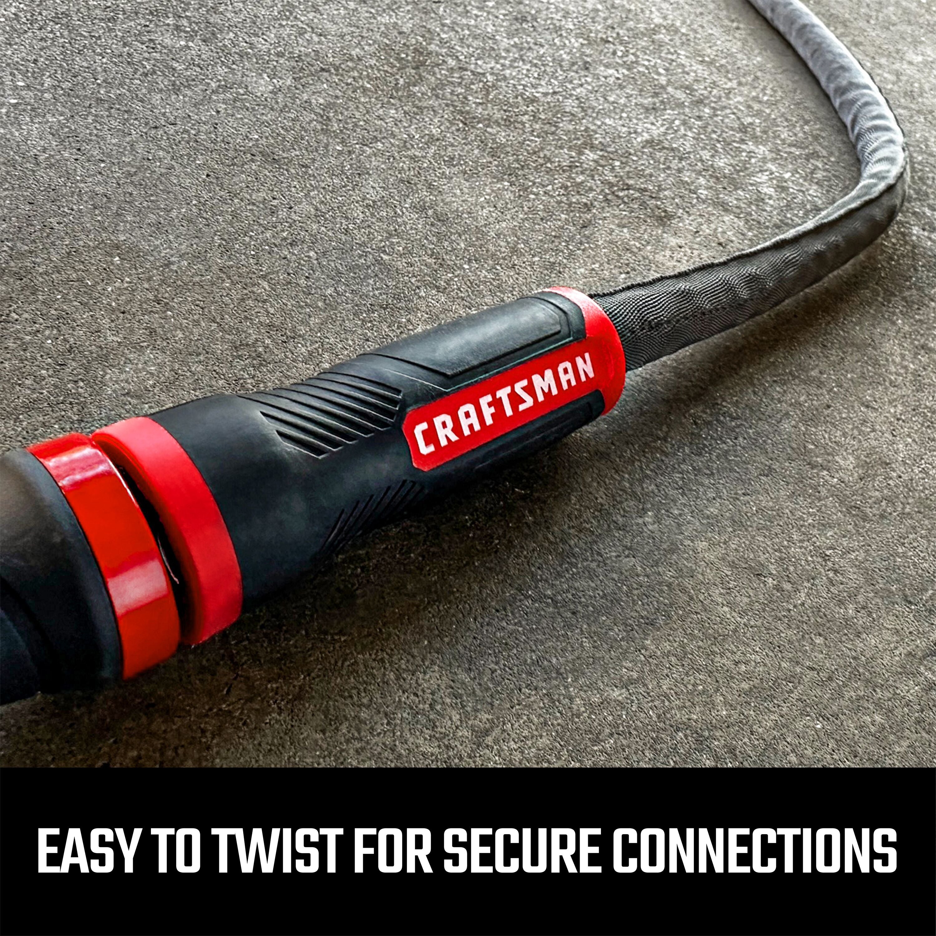 Black and red craftsman heavy-duty fabric hose, 100-foot by 5/8 inch. Featuring easy twist couplings for secure connections graphic