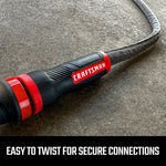 Black and red craftsman heavy-duty fabric hose, 100-foot by 5/8 inch. Featuring easy twist couplings for secure connections graphic
