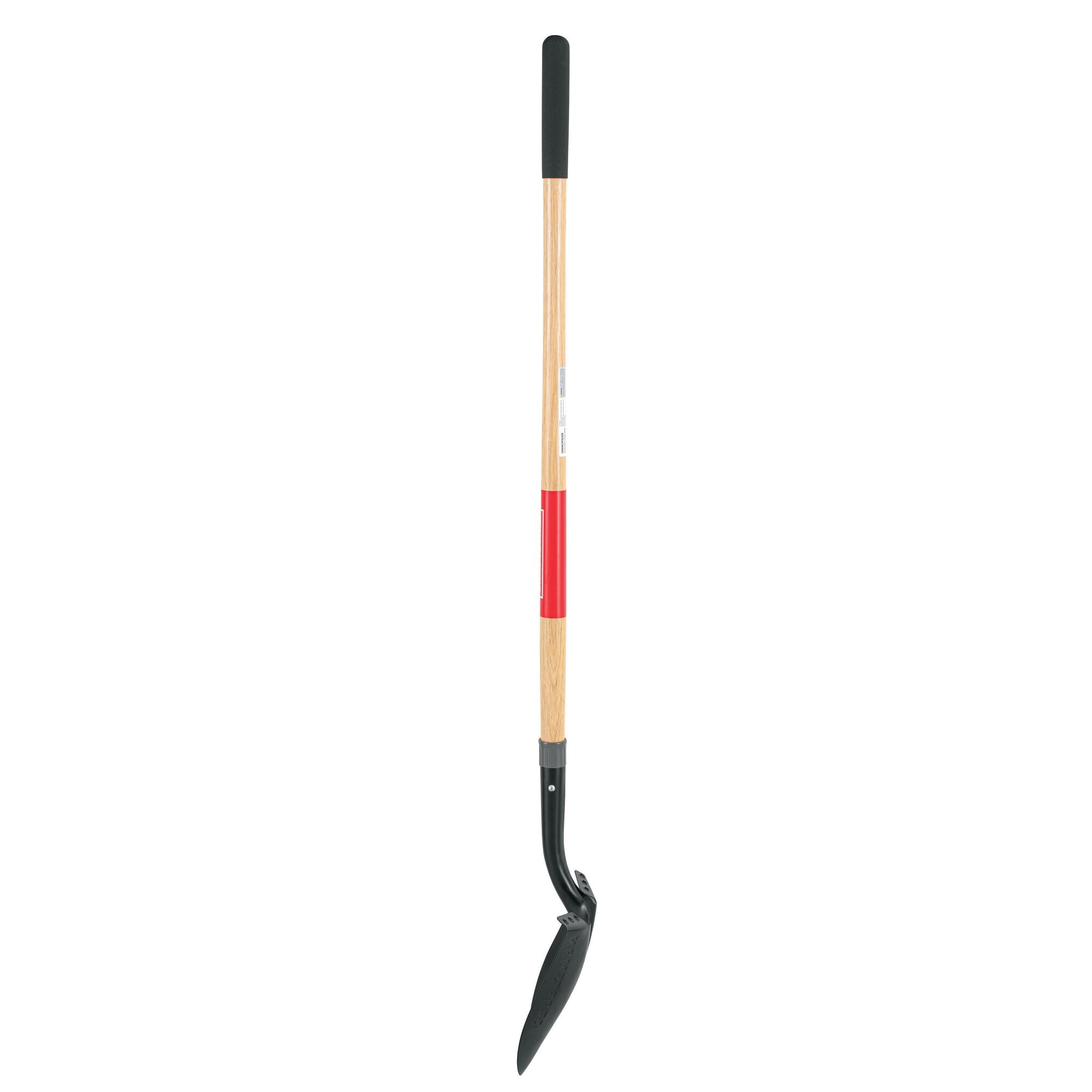 Long Handle Cleated Step Digging Shovel with wood handle and cushion grip, left-facing