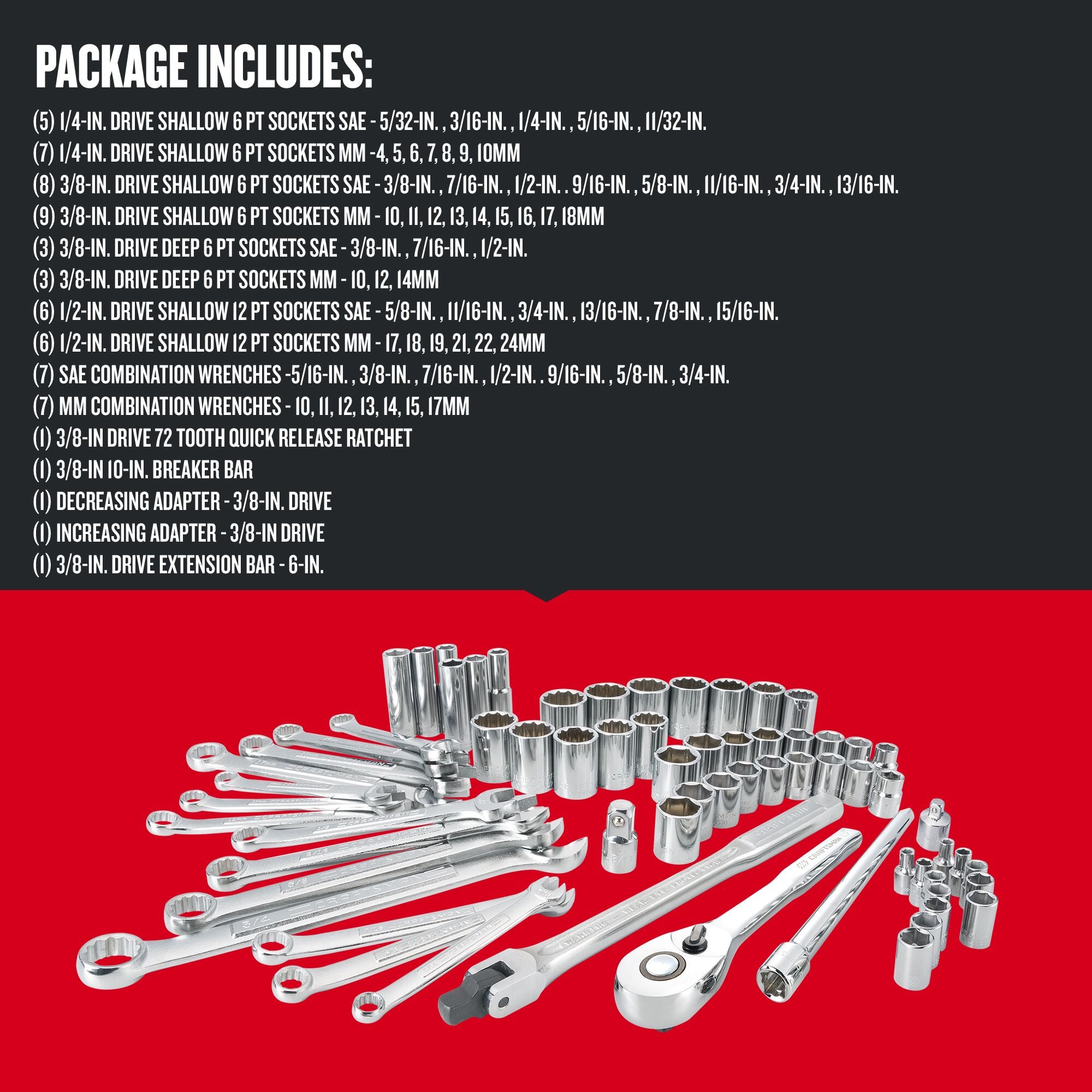 Graphic of CRAFTSMAN Mechanics Tool Set highlighting product features