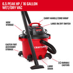 Right facing CRAFTSMAN 16 Gallon 6.5 Peak HP Wet/Dry Vac with product features and specifications  