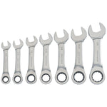 Profile of 7 piece S A E stubby ratcheting wrench set.