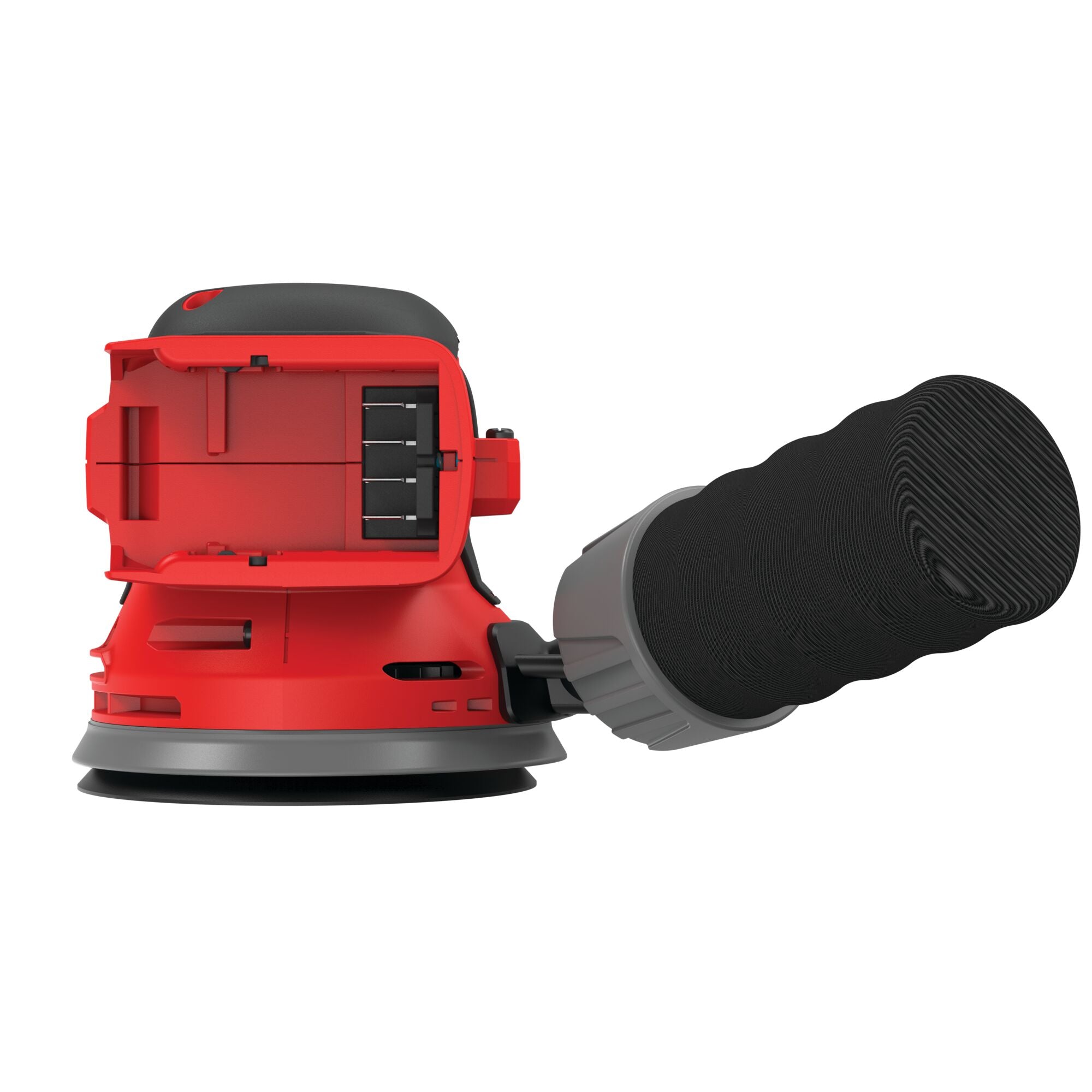 Left profile of 20 volt cordless random orbit sander .